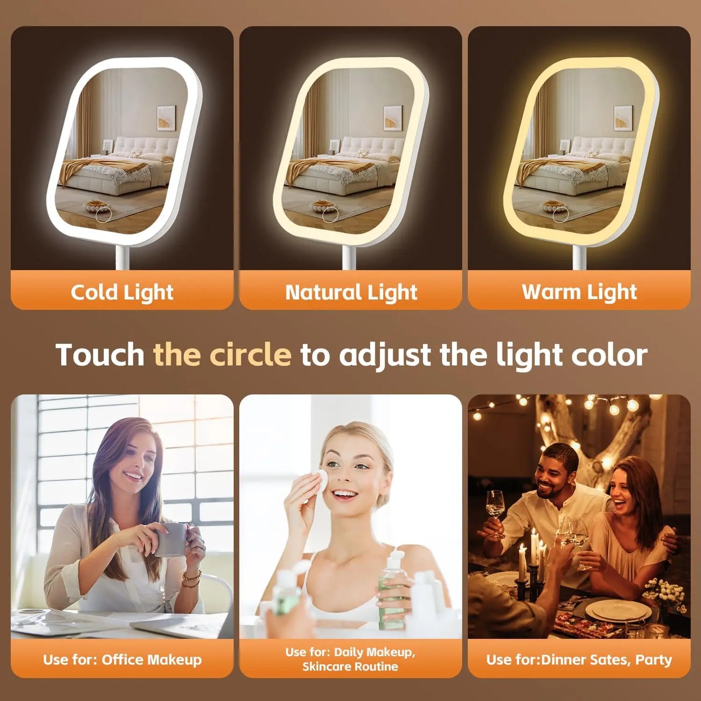Vanity Makeup Mirror with Light, 3 Lights Color Portable Compact Travel Cosmetic Mirror Gifts Rechargeable Rotation Adjustment