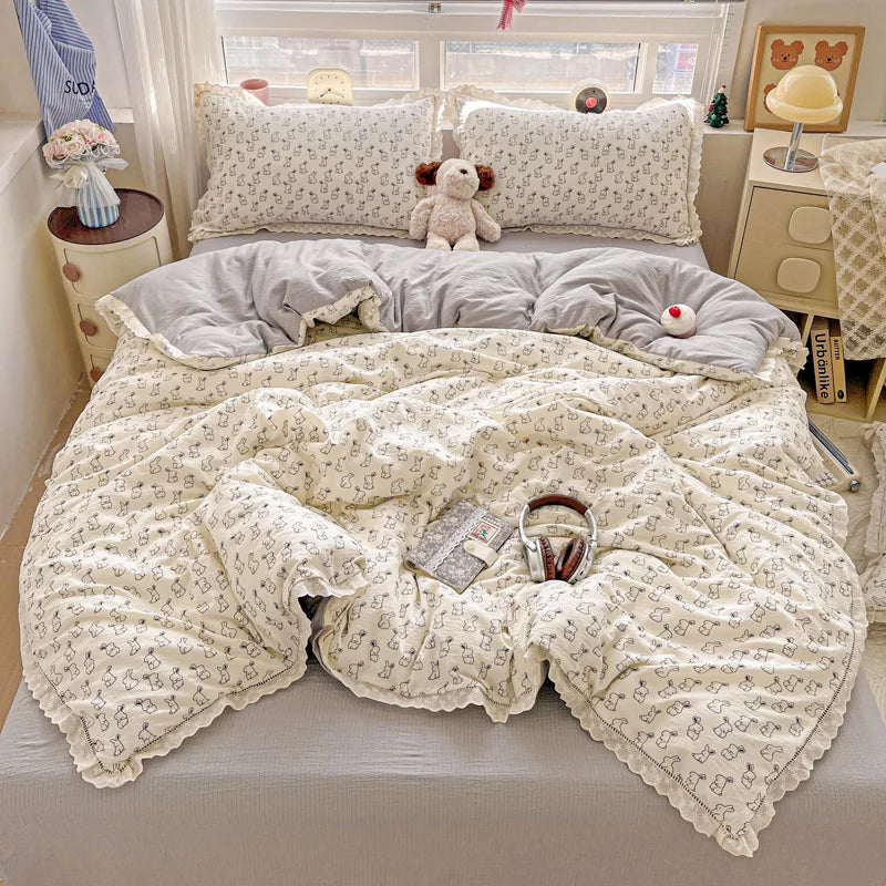 INS Princess Bedding Set 이불세트 2025 New Soft Wrinkled Double-layer Bed Flat Sheet Twin Queen Size Duvet Set Pillowcase Bed Linens