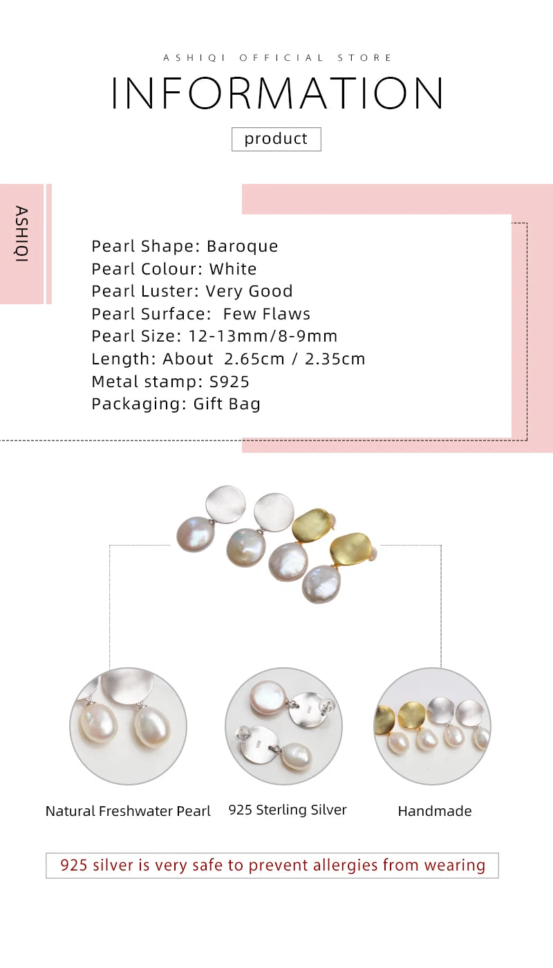 ASHIQI Natural Freshwater Baroque Pearl 925 Sterling Silver Earring  Jewelry for Women