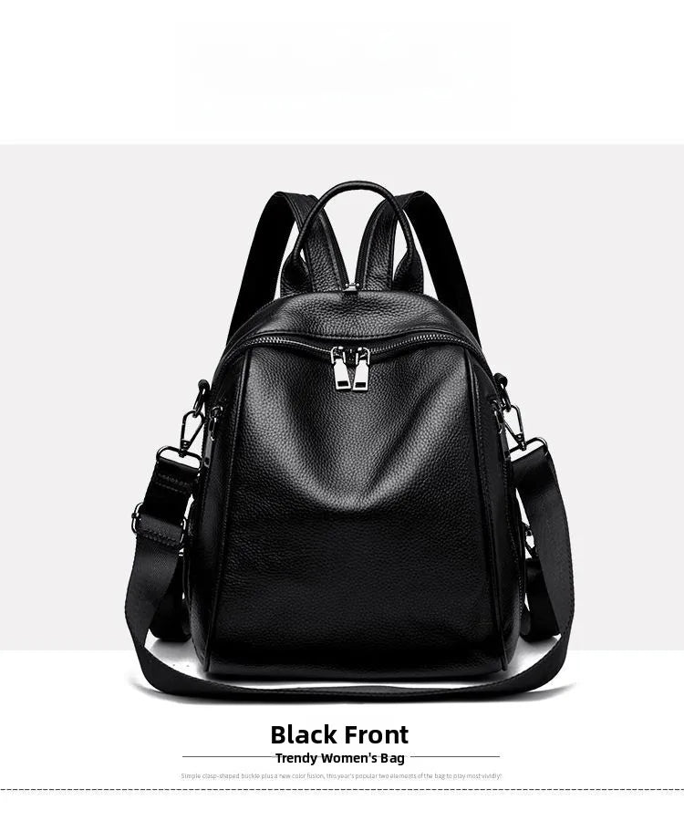 2026 New Fashionable Pure Color Leather Backpack Women's Cross-Border Travel Bag Durable Soft Cowhide Shoulder Bag for All Ages