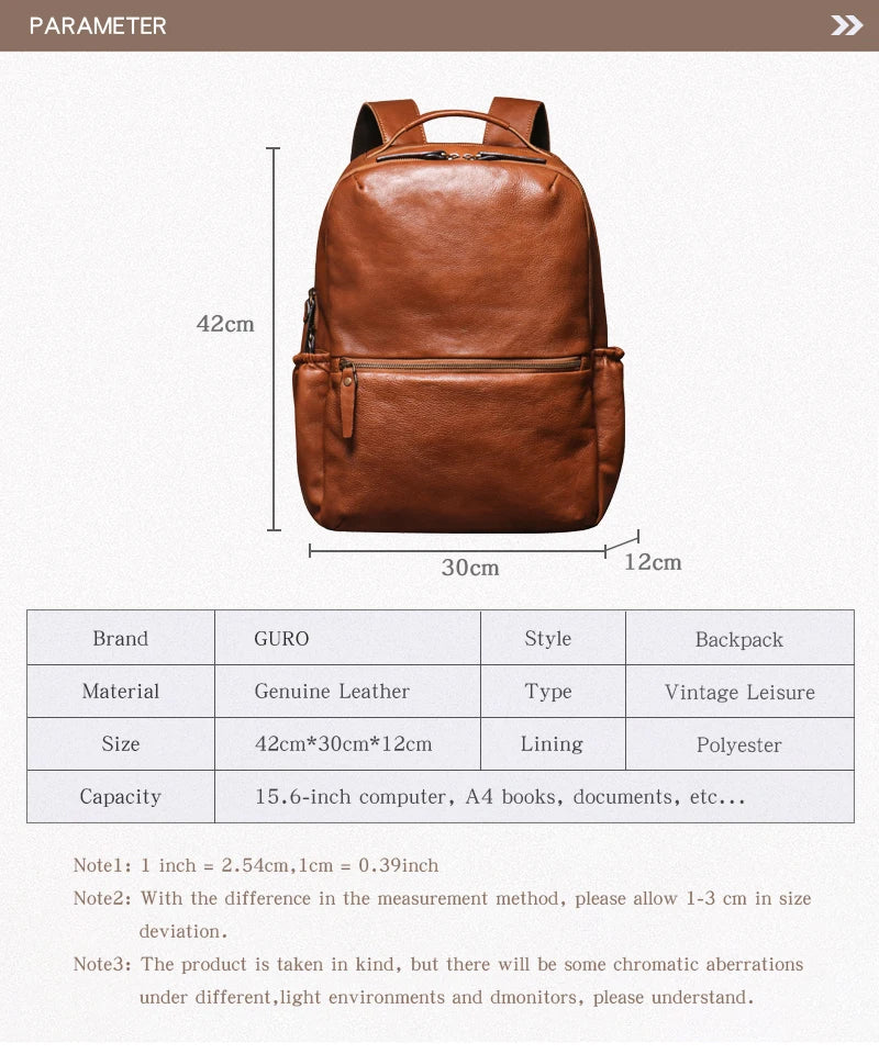 GURO High Quality Genuine Leather Backpack Men Large Capacity Business Travel bag Luxury Student School Bag Laptop Computer Pack