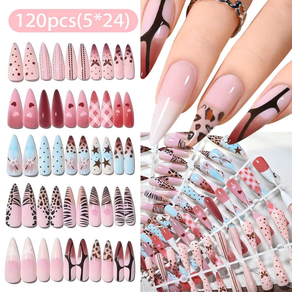 120Pcs Y2k Star Leopard Print Long Stilettos False Nails 5-Styles Pink/Blue Glossy Acrylic Press on nails Full Cover Fake Nails_