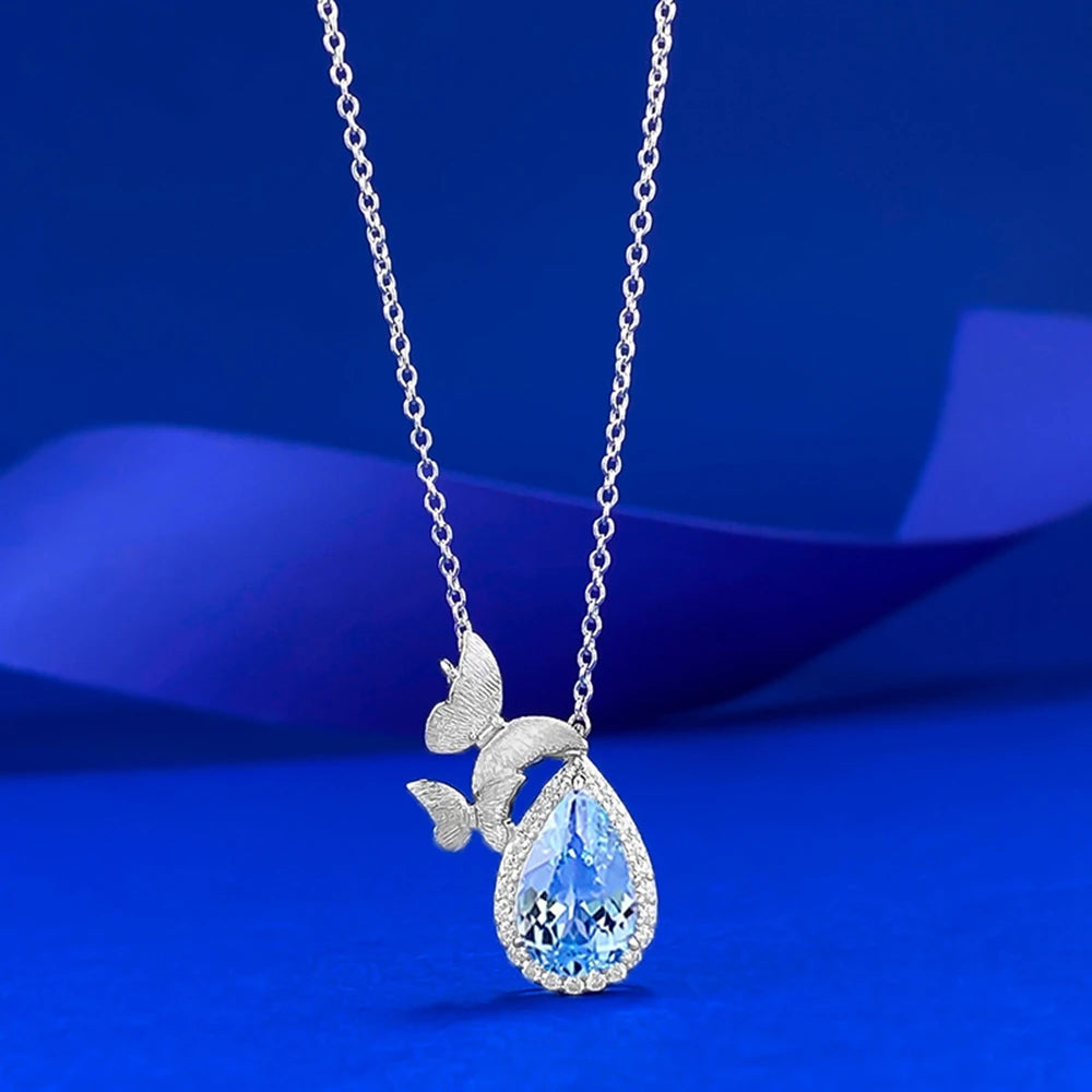 Wong Rain 100% 925 Sterling Silver Pear Cut 7*11 MM Blue Topaz High Carbon Diamond Gems Pendant Necklace Fine Jewelry Wholesale