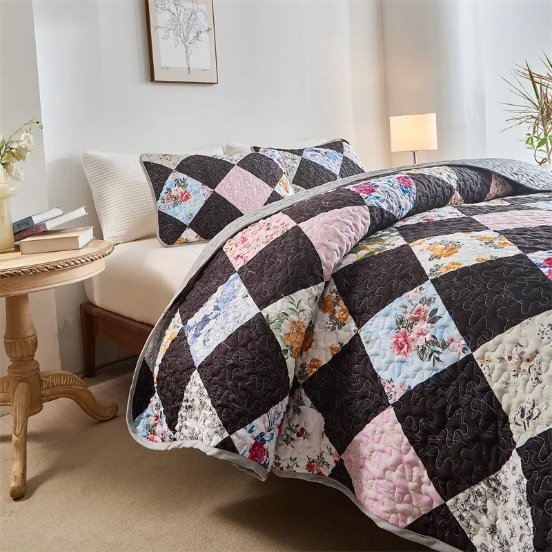 New Quilted Bedspread Set,Soft Microfiber,Thick Bed Cover+Pillowcase,European Flower Patchwork Mattress Topper Bed Sheets King