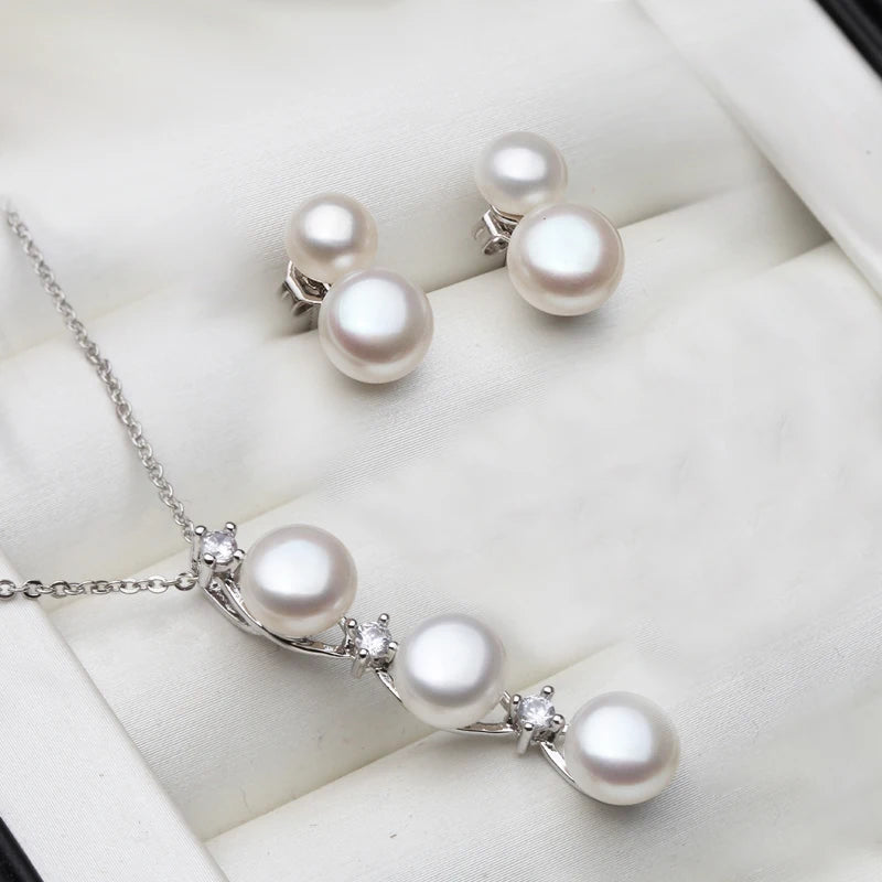 Wedding 925 Silver Natural Freshwater Pearl Necklace Earrings Set,Multi Color Pearl Jewelry Set Wife Mother Birthday Gift Black