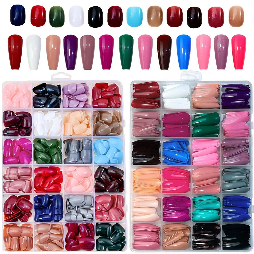 576pcs/box Colorful Long Coffin Fake Nails Glossy Soft Gel French Nail Tips Simple Press On Nail 24Grid Huge Capacity False Nail