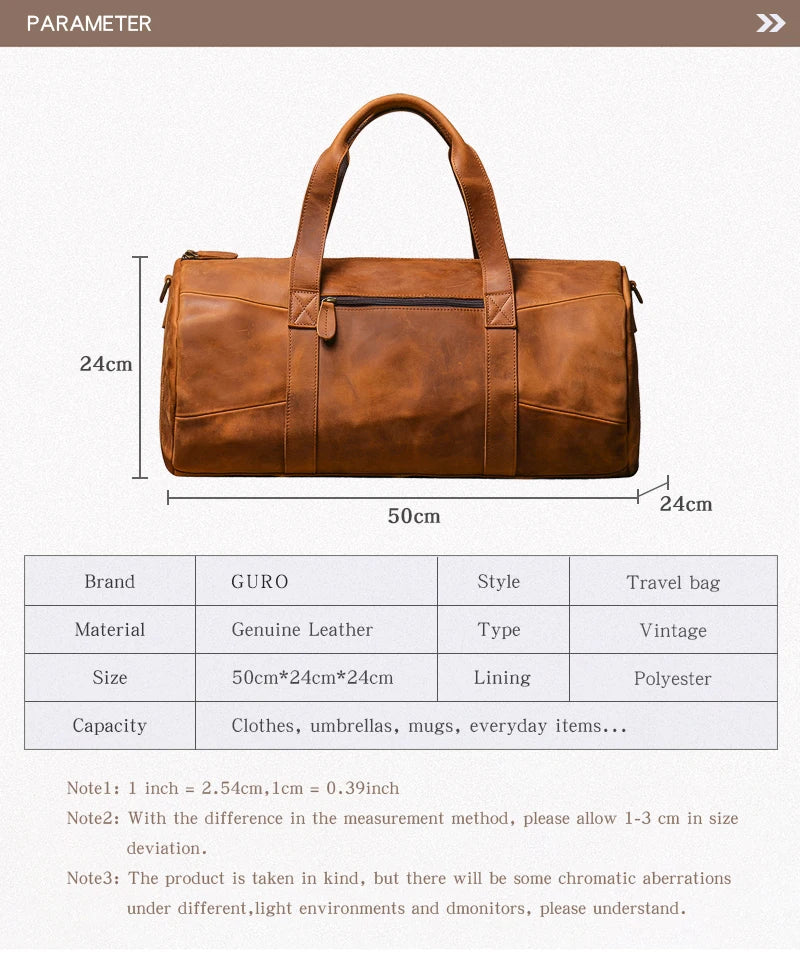 GURO Vintage Crazy Horse Cowhide Travel Bag Men's Real Leather Handbag Casual Weekend Camping Luggage Bag Daily Gym Shoulder Bag