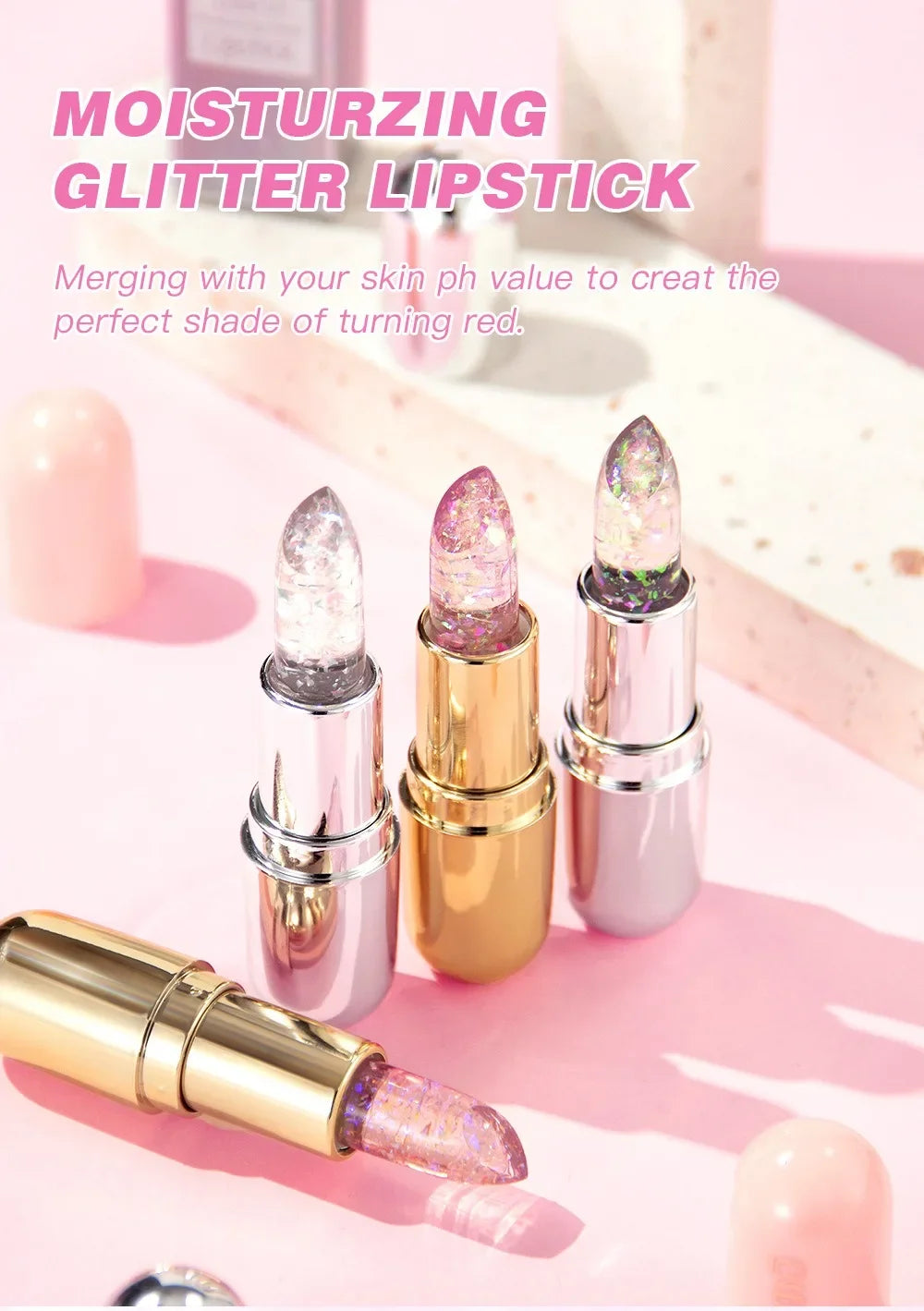 Soft Jelly Lipstick Color Changing Glossy Hydrating Moisturizing Glitter Lip Stick Sparkling Sequins Turning Red Shade Lip Balm