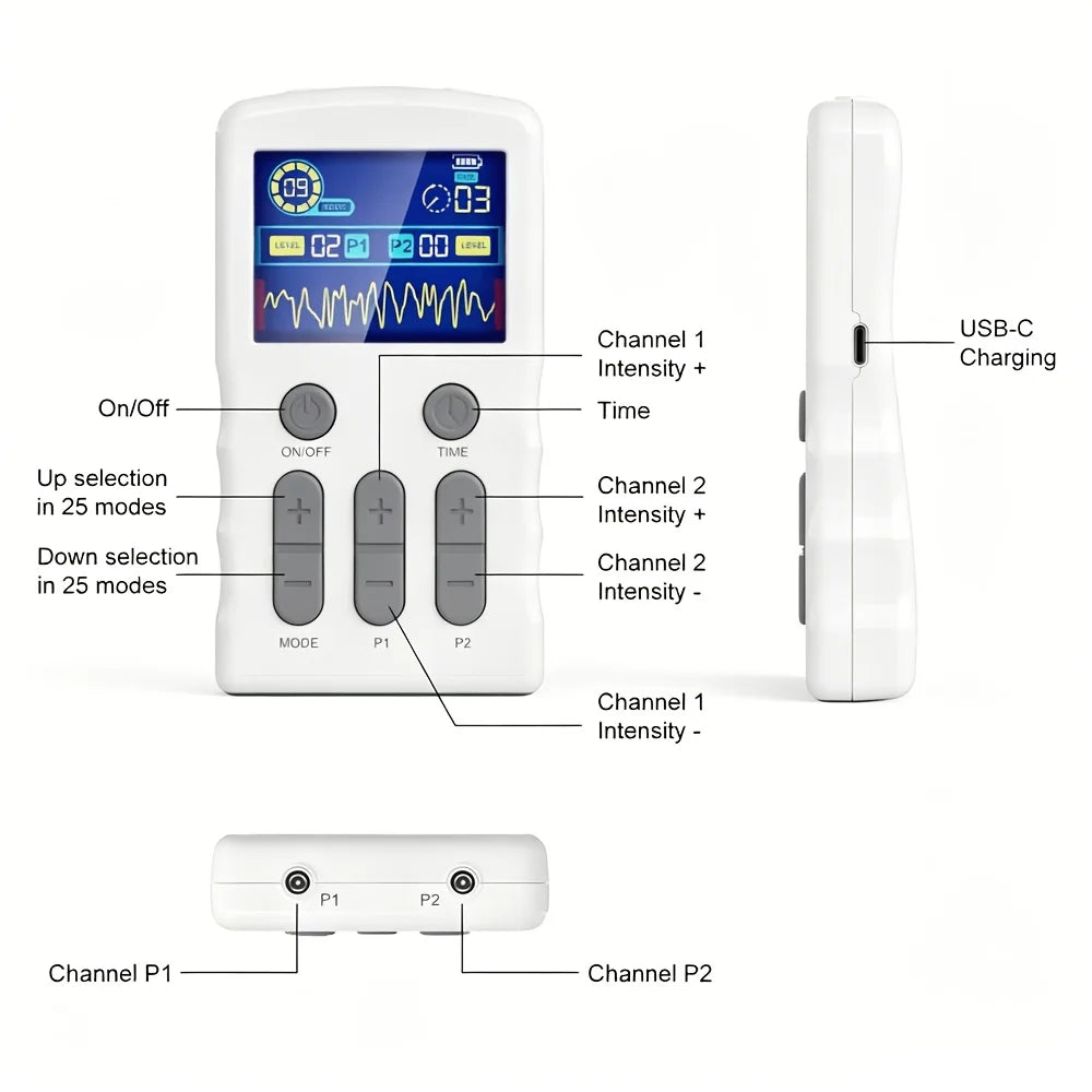 Dual Channel TENS EMS Low Frequency Therapy Machine Rechargeable Multi Modes Adjustable Strength Timing Control with Reusable Pads Portable Body Muscle Pain Relief Massager