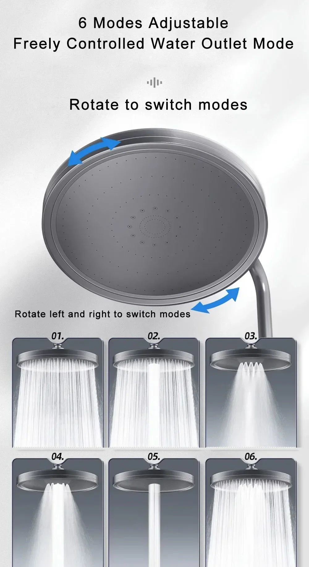 New 6 Modes Big Panel Large Flow Supercharge Rainfall Shower Head High Pressure Top Rain Shower Faucet Bathroom Accessories
