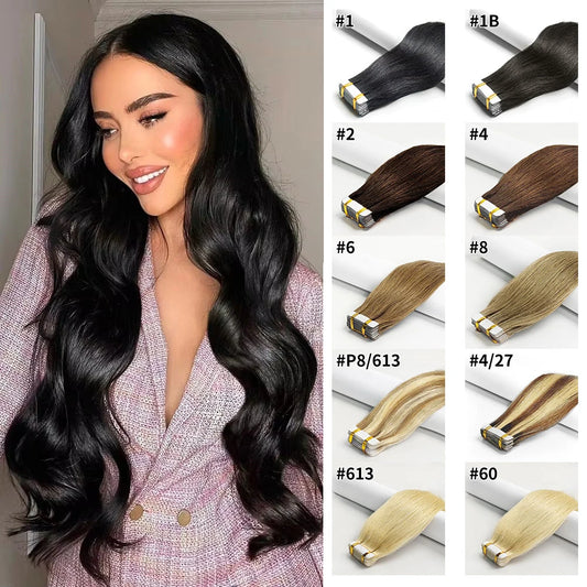 Tape In Hair Extensions Remy Human Hair 20pcs Straight Seamless Skin Weft Tape Hair Extensions Natural Black Hair For Women