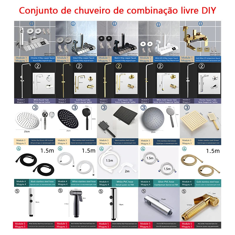 DIY Shower Set Bathroom Shower System Wall Mounted Bathtub Shower Faucet Gray Black Golden White Digital LED Temperature Shower