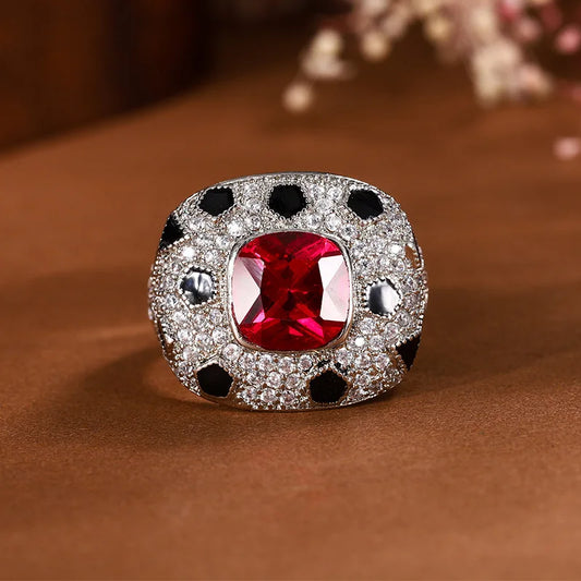 Adjustable Red Ruby Statement Stackable Rings with Black Accents Classic Cubic Zirconia for Women Jewelry Wedding Gift for Guest