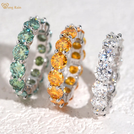 Wong Rain 925 Sterling Silver 3EX VVS1 Colorful Round Cut 5 MM Real Moissanite Diamonds Gems Row Rings Fine Jewelry Wedding Band