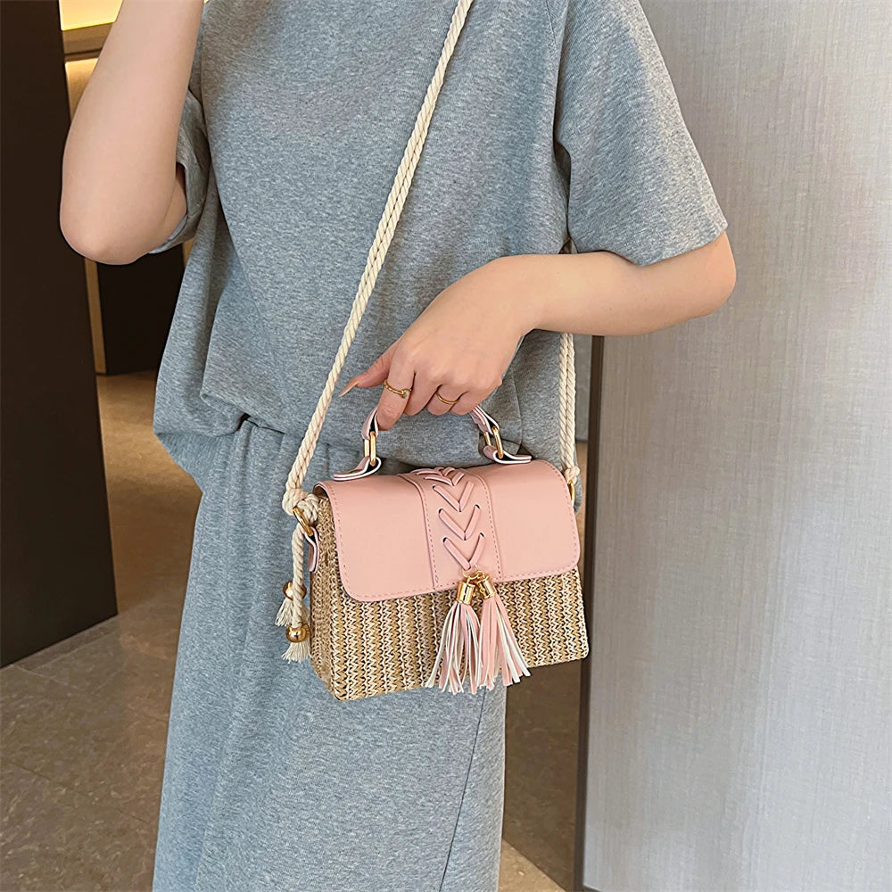 MOODS Straw Beach Bag For Women 2023 Summer New Luxury Designer Handbags Hit Color Tassels Shoulder Crossbody Box Bag Sac A Main