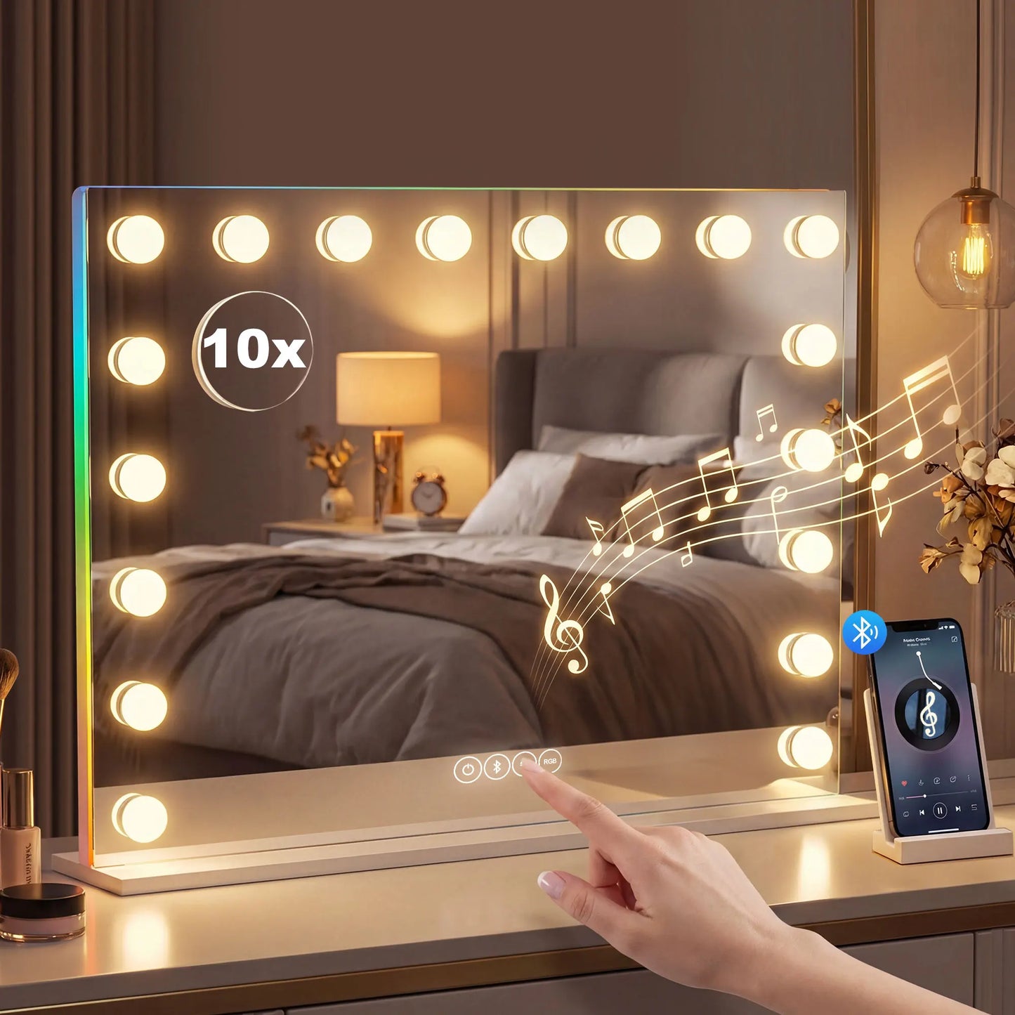 HOMCOM Hollywood make-up mirror with 18 LED bulbs, 3 light colors, RGB light, Bluetooth speaker, white