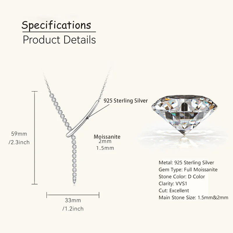 RAPRGOLD Full Round Moissanite Y-shaped Pendant Necklace for Women S925 Sterling Silver Chain Fine Jewelry Gift with Certificate