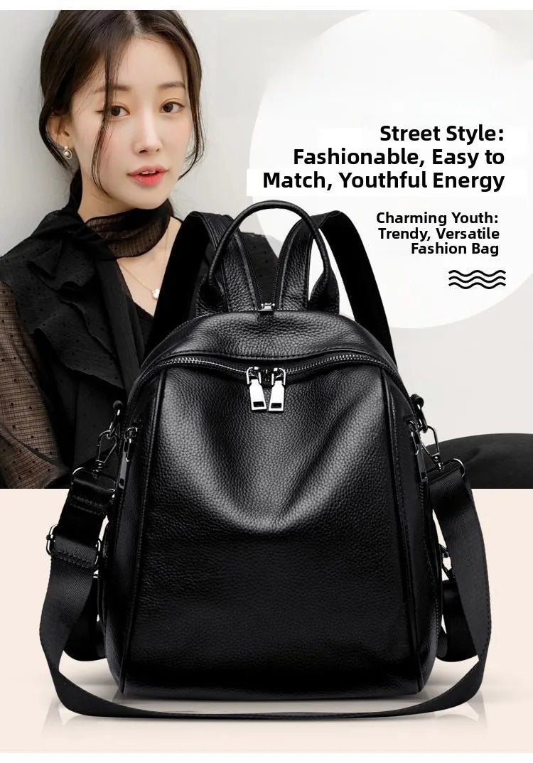 2026 New Fashionable Pure Color Leather Backpack Women's Cross-Border Travel Bag Durable Soft Cowhide Shoulder Bag for All Ages