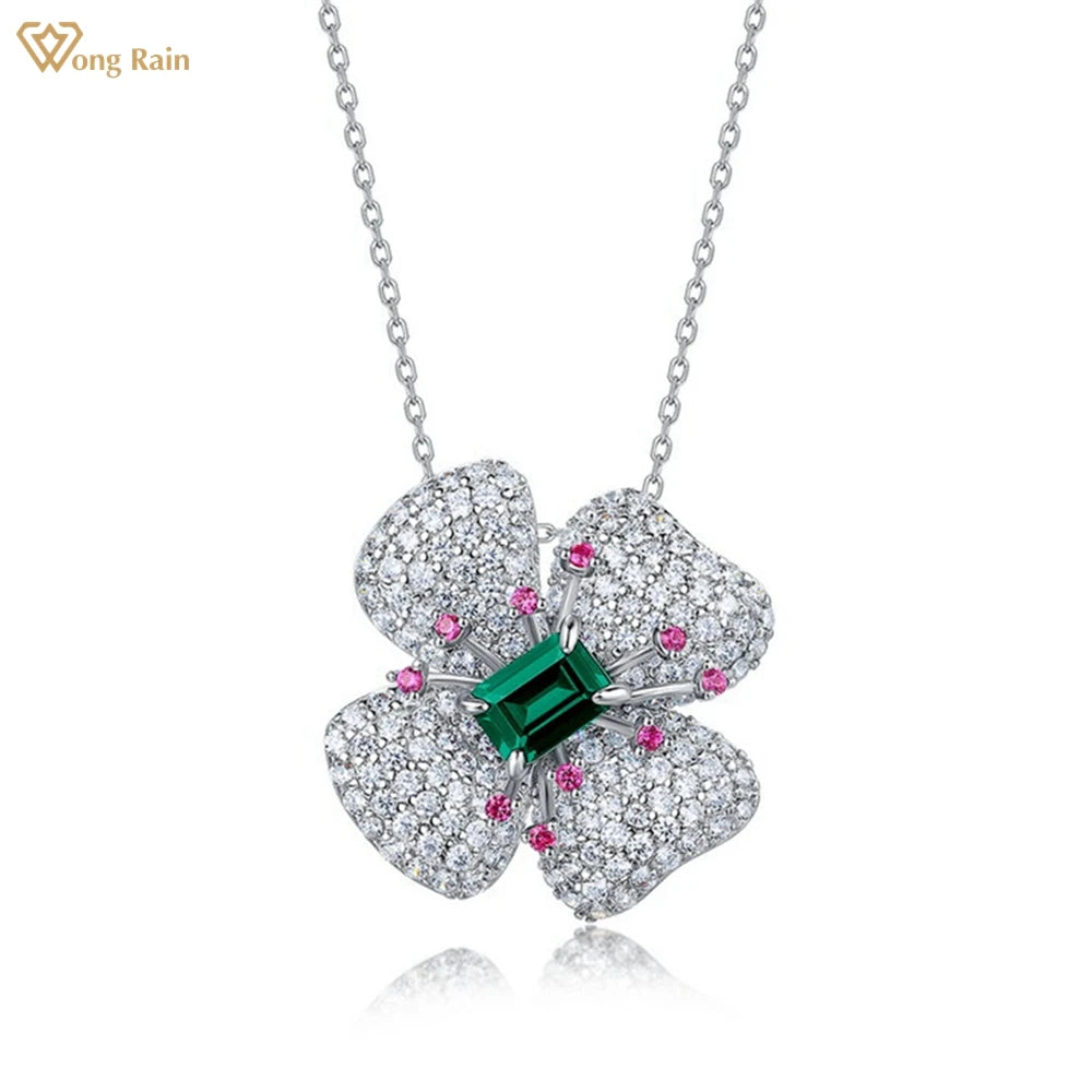 Wong Rain 925 Sterling Silver Emerald Cut 5*7 MM Emerald Sapphire Ruby High Carbon Diamond Flower Pendant Necklace Fine Jewelry