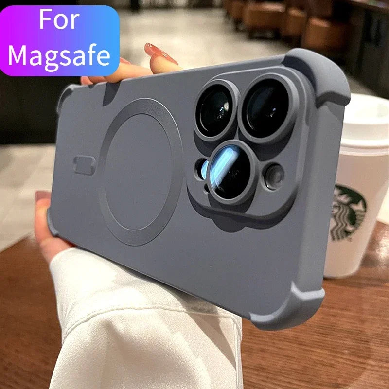 Luxury Hight End Black For Magsafe Wireless Charge Case For iPhone 16 15 14 13 12 Pro Max Soft Magnetic Lens Shockproof Cover