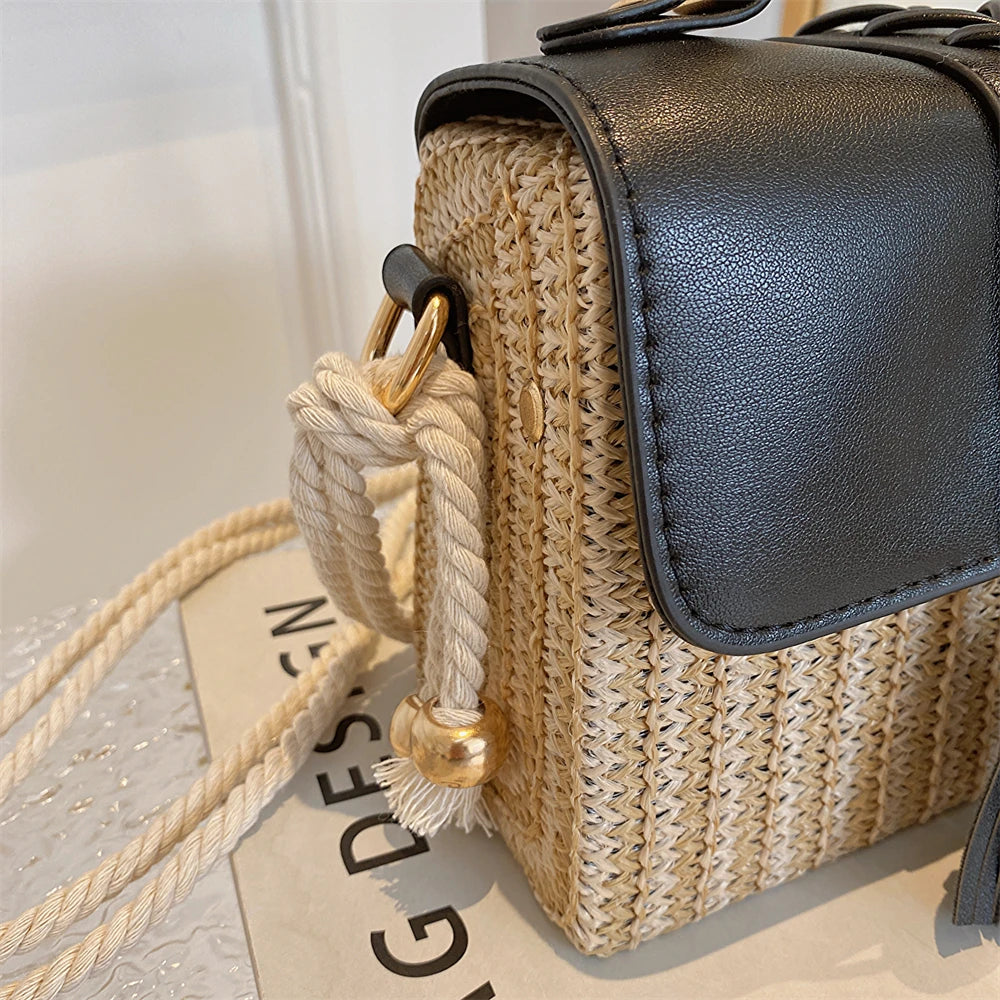 MOODS Straw Beach Bag For Women 2023 Summer New Luxury Designer Handbags Hit Color Tassels Shoulder Crossbody Box Bag Sac A Main