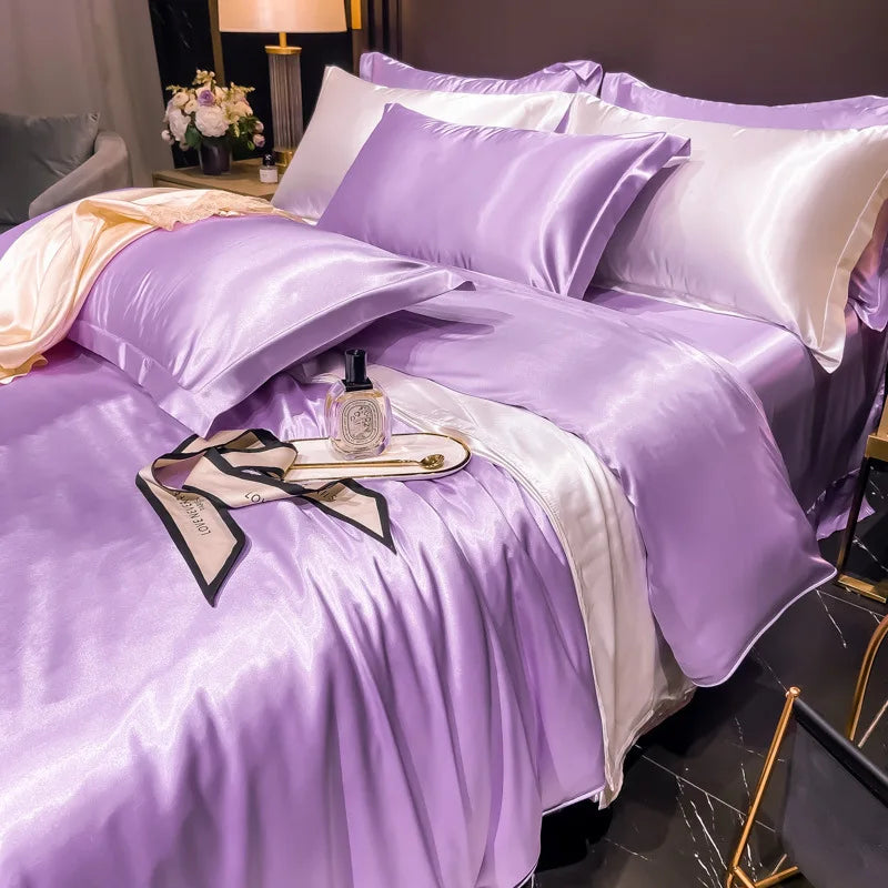 Real 100% Mulberry Silk Bedding Set with Duvet Cover Fitted/Flat Bed Sheet Pillowcase Solid Color 4pcs King Queen Twin Bed Sets