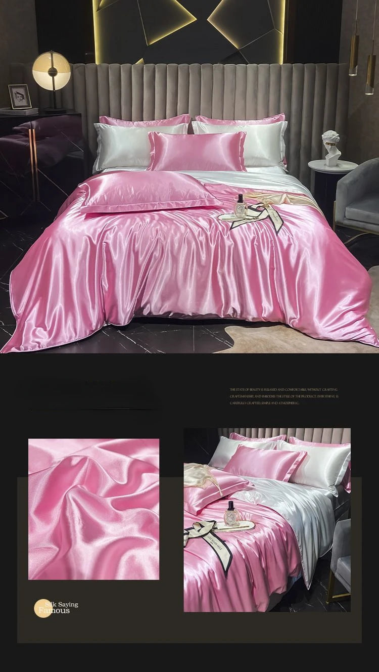 Real 100% Mulberry Silk Bedding Set with Duvet Cover Fitted/Flat Bed Sheet Pillowcase Solid Color 4pcs King Queen Twin Bed Sets