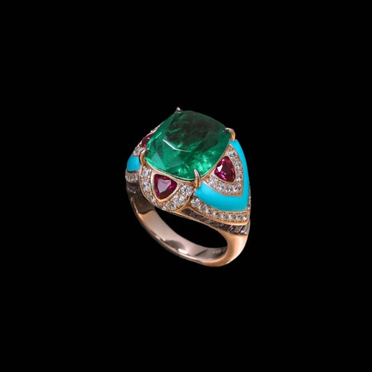 CAMEO Design Fashion Artdeco Jewelry 925 Silver Gold Plated Synthetic Zircon Emerald Ruby Colored Gemstone Vintage Ring