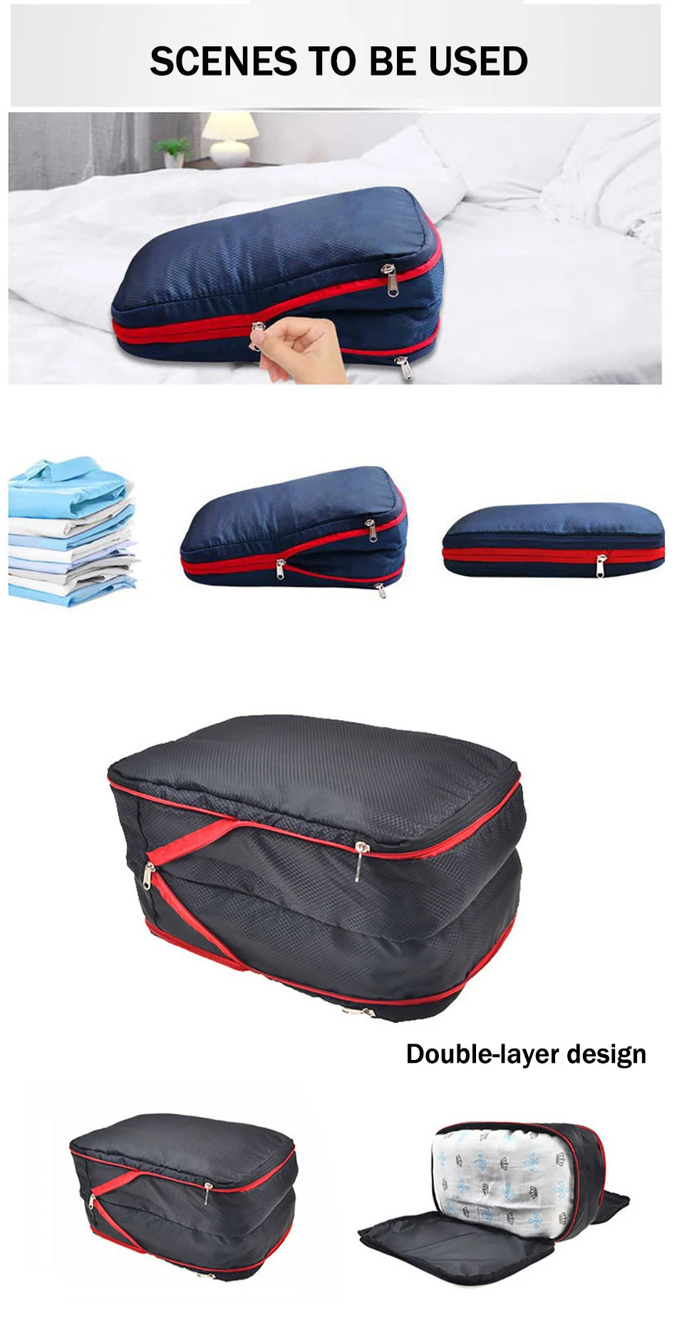 Nylon Travel Compression Packing Cubes Double Layer Portable Pouch  Zipper Waterproof Storage Bags for Clothing Shoes Suitcases