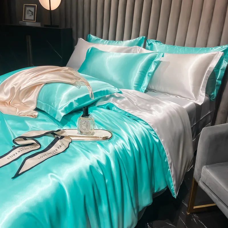 Real 100% Mulberry Silk Bedding Set with Duvet Cover Fitted/Flat Bed Sheet Pillowcase Solid Color 4pcs King Queen Twin Bed Sets