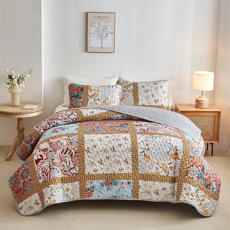 New Quilted Bedspread Set,Soft Microfiber,Thick Bed Cover+Pillowcase,European Flower Patchwork Mattress Topper Bed Sheets King
