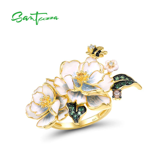 SANTUZZA Pure 925 Sterling Silver Rings For Women Green Spinel Yellow White CZ Handmade Enamel Flower Ring Delicate Fine Jewelry