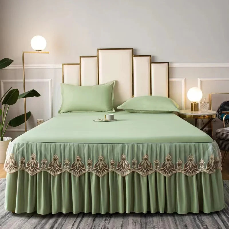 3pcs Set Raw Cotton Soft Bedspread Bed Romance Dust Protector Cover Embroidery Lace Edge Bed Skirt with 2pcs Pillowcase
