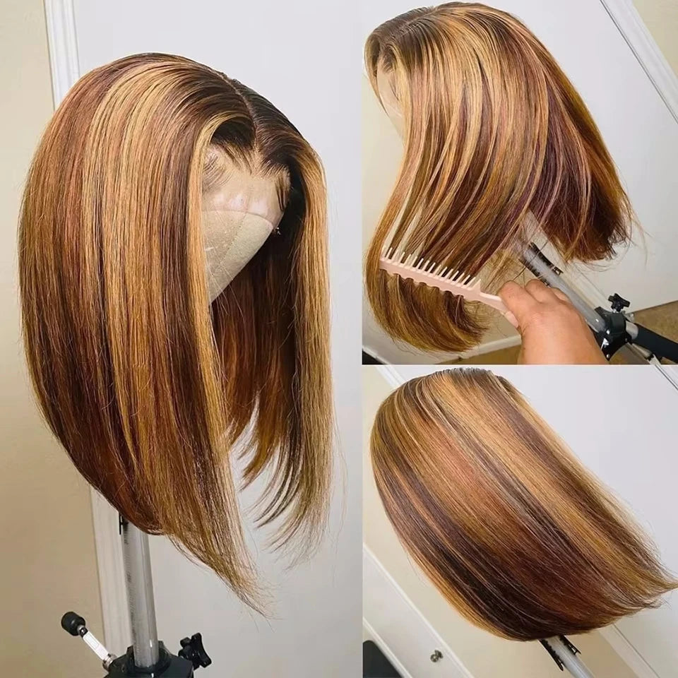 Highlight Ombre Straight Short Bob 4x4 Lace Closure Wigs 100% Human Hair Vietnamese 200 Density #4/27 Color 13x4 Lace Front Wig