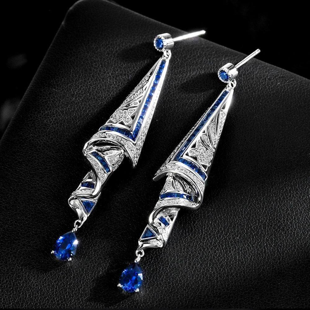 Wong Rain Vintage 100% 925 Sterling Silver Pass Test Lab Sapphire High Carbon Diamond Gemstone Drop Dangle Earrings Fine Jewelry