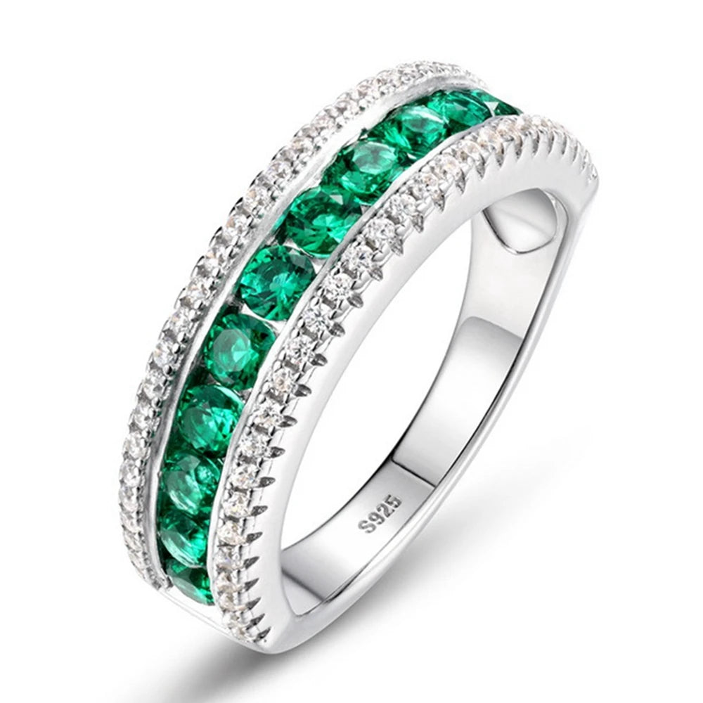 Wong Rain Vintage 925 Sterling Silver Round Cut 2.5 MM Emerald Gemstone Row Rings Fine Jewelry Wedding Band Anniversary Gifts