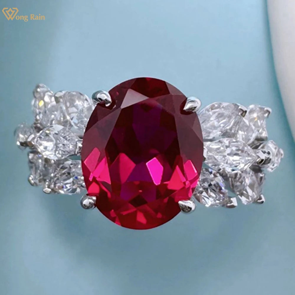 Wong Rain 925 Sterling Silver Oval Cut 3 CT Ruby High Carbon Diamond Gemstone Cocktail Party Ring for Women Fine Jewelry Gifts
