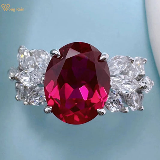 Wong Rain 925 Sterling Silver Oval Cut 3 CT Ruby High Carbon Diamond Gemstone Cocktail Party Ring for Women Fine Jewelry Gifts