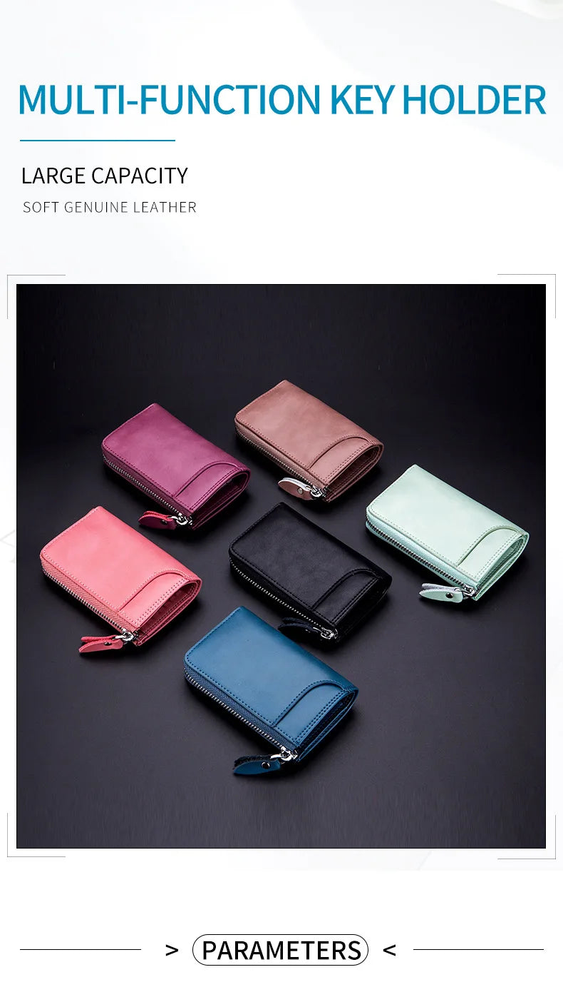 Mens Split Leather Key Chain Zipper Coin Case , Leather Car Smart Key Chain Metal Hook, Keyring Zipper Coin Wallet for women