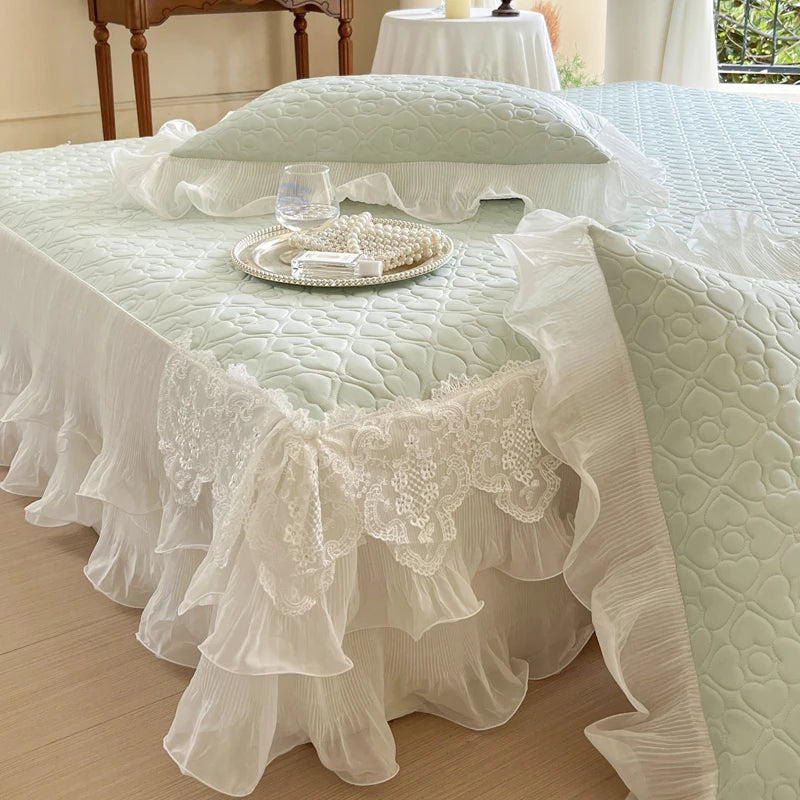 Summer Lace Ruffles Quilted Cooling Bed Skirt, Cool Feeling Fibre Mattress Cover, Bedspread, Bed Sheet, With Pillowcases, 3Pcs