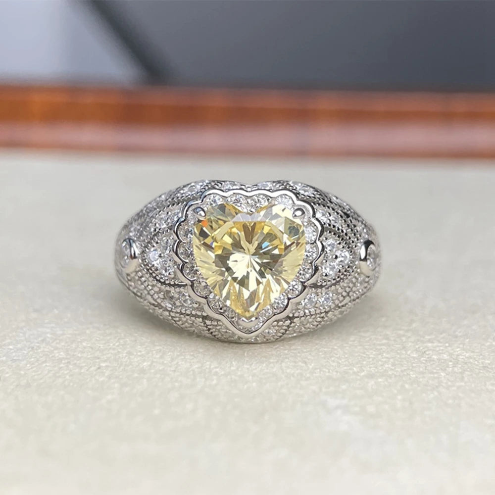 Wong Rain 925 Sterling Silver Heart Cut 8 MM Citrine Sapphire High Carbon Diamond Ring for Women Fine Jewelry Anniversary Gifts
