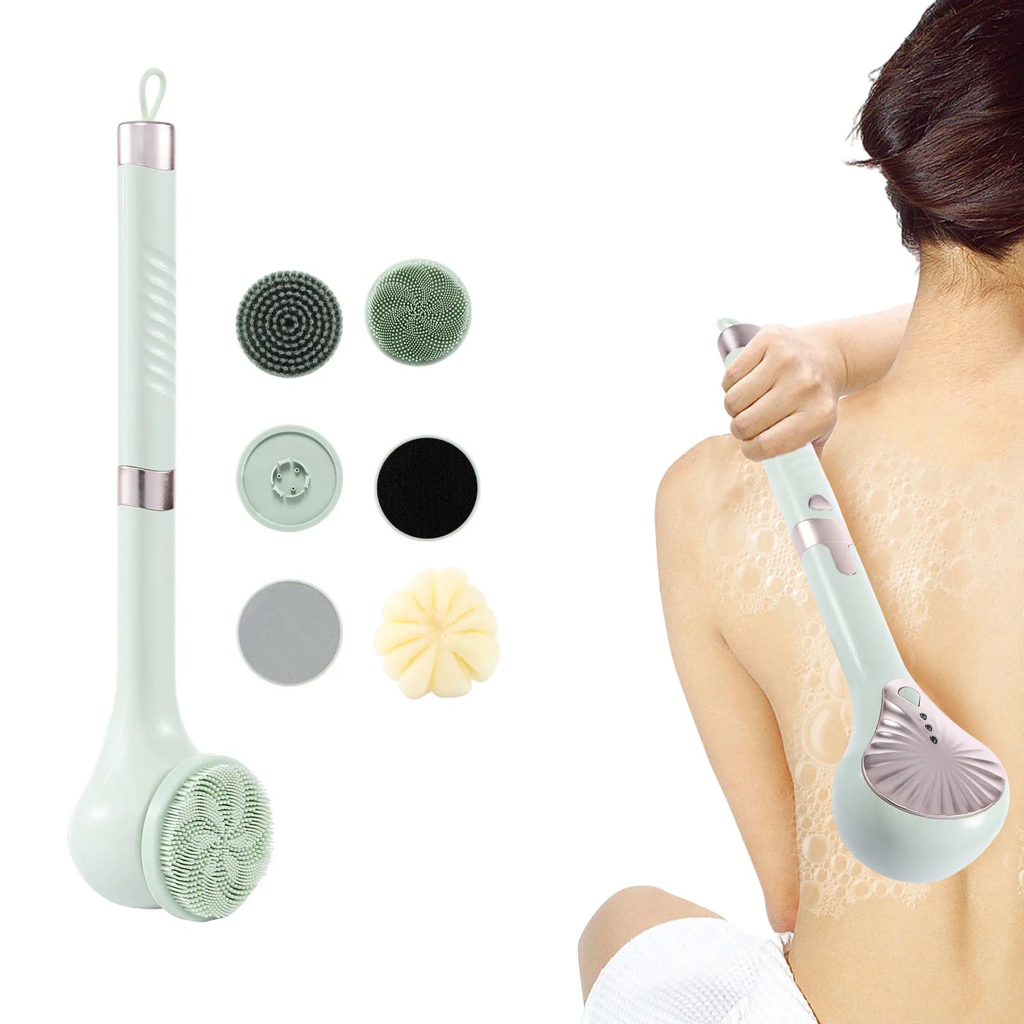 6-in-1 Cream Aid for Back Electric Body Brush USB Rechargeable Shower Brush with Long Handle with 6 Cleaning Heads