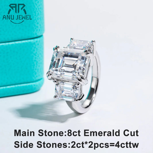 AnuJewel 12cttw Emerald Cut D Color Moissanite Engagement Ring For Women 925 Sterling Silver 3 Stone Ring Jewelry Wholesale