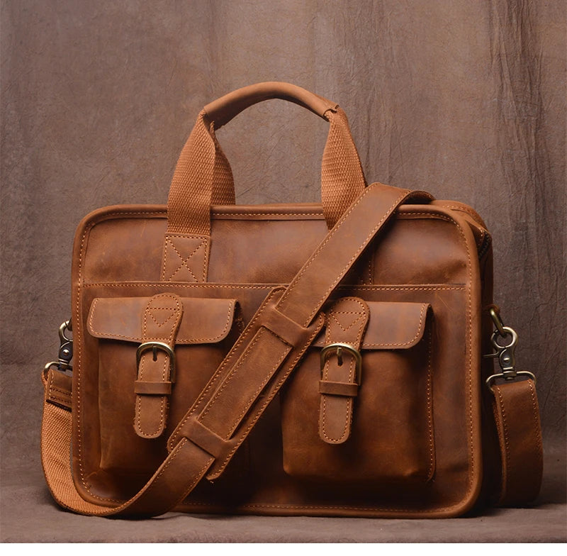 GURO Vintage Wild Handbag Male Genuine Leather Business Briefcase Original Cowhide Shoulder Messenger Bag A4 File 14″ Laptop Bag