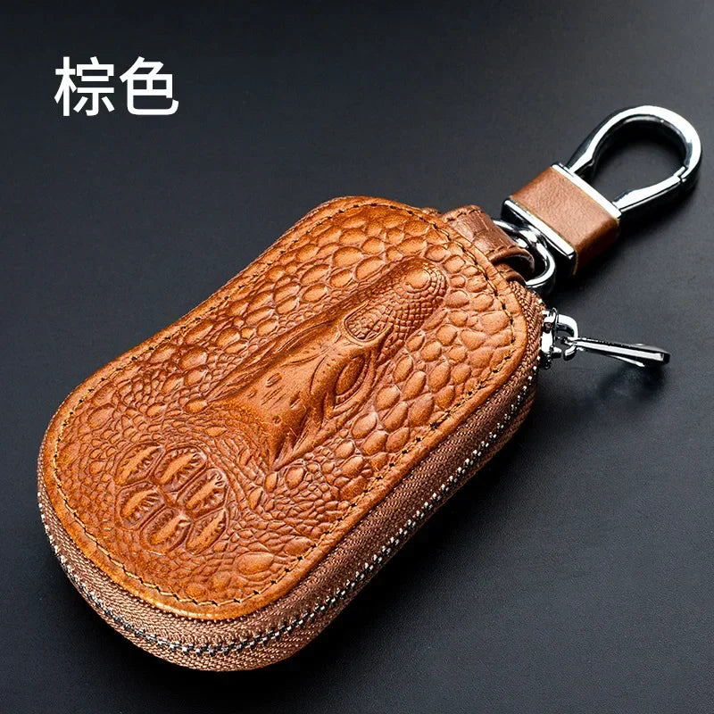 Cowhide Car Key Wallet Case Genuine Leather Crocodile Pattern Zipper Cover Mini Waist Trailer Key Bag Unisex with Metal Buckle