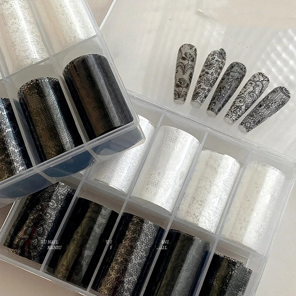 10 Rolls 4x50CM Black White Lace Transfer Nail Sticker Sexy Flower Lace Nail Art Transfer Foils Paper for DIY Manicure Decals*@#