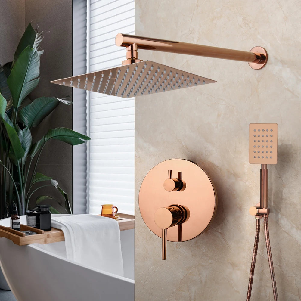 Monite Rose Golden Shower Faucet Rainfall Square Head Pink Gold Bathroom Bathtub Shower Set Faucet w/Hand Shower & Bathtub Mixer