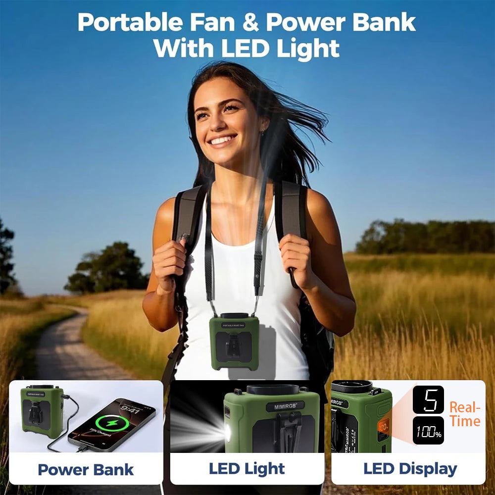 20000mAh Portable Outdoor Waist Fan Hanging Neck Strong Wind LED Lighting Outdoor Emergency Power Supply Suitable Outdoor Work
