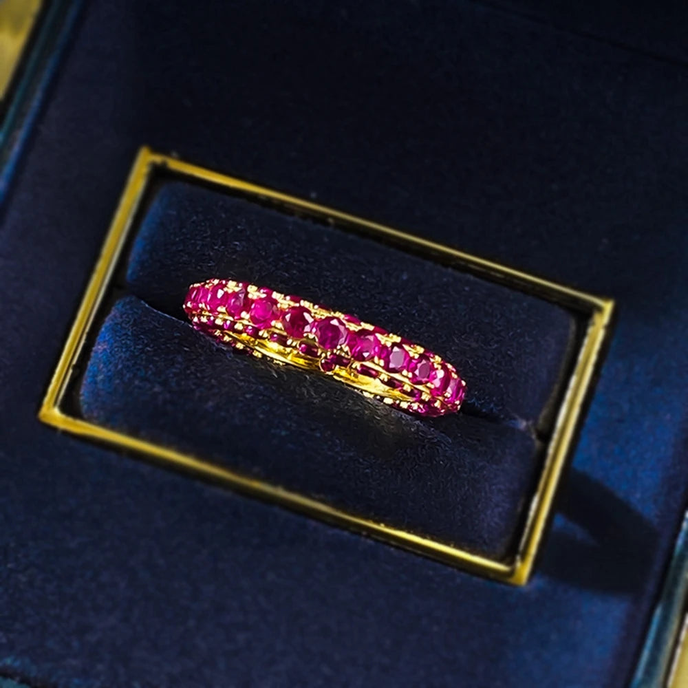Wong Rain Vintage Solid 925 Sterling Silver Round Cut Ruby Gemstone Row Ring for Women Fine Jewelry Wedding Band Gifts Wholesale