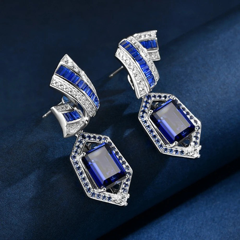 Wong Rain 925 Sterling Silver 8*10 MM Emerald Sapphire High Carbon Diamond Gemstone Drop Earrings Fine Jewelry Anniversary Gifts